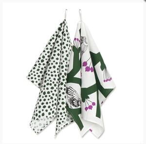 Marimekko Pekko Pakkanen Kitchen Towel White Green Bird Berries Polka Dot 2-Pack